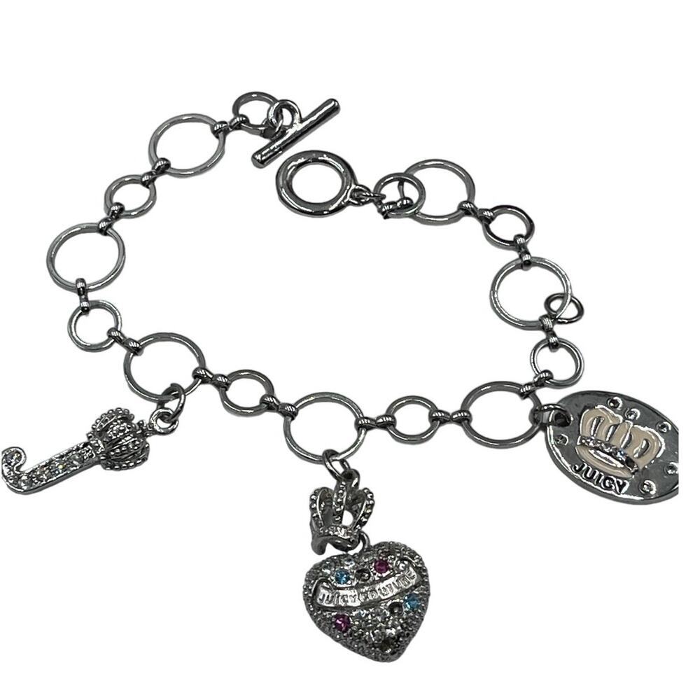 Juicy Couture Silver Tone Charm Bracelet Puff multicolor Crown Heart‎ Pave J